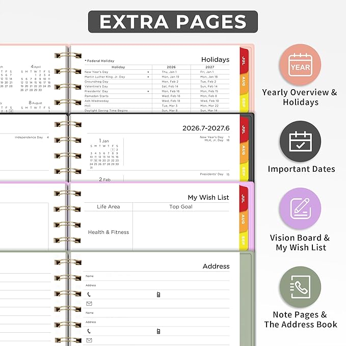 EMSHOI Academic Planner 2026-2027, Weekly and Monthly Calendar (July 2026 - June 2027), School Student Teacher Agenda Book, 100GSM Paper, PVC Cover, Colorful Tabs, A5 (6.38" x 8.35"), Black