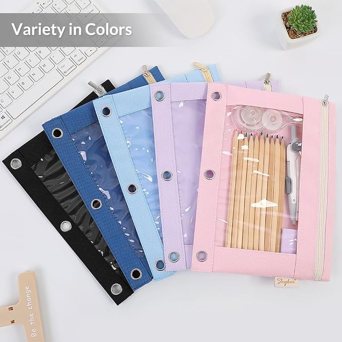 SKYDUE Pencil Pouch for 3 Ring Binder, 9.8" x 7.3" Clear Window Pencil Bag | Zipper Pencil Pouches for Girls Boys, Pink Pencil Pouch with 3 Reinforced Grommets, Durable Organizer for School Supplies