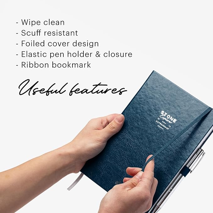 Stone Journal Explorer Notebook – A5 Waterproof Paper Field Journal, Vegan Leather Hardcover, 144 Pages Alternating Ruled & Dot Grid, Back Pocket, Weather-Resistant (Navy Blue)