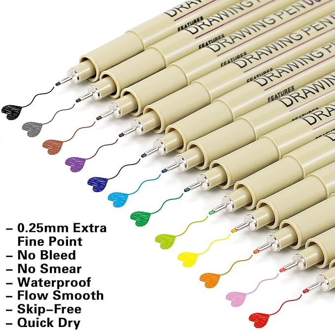 Micro Fineliner Drawing Pens 20 Set(12 Colored & 8 Black) Artist Art Supplies Adult Waterproof Watercolor Fine Line Marker Archival Ink Micron Sketch Outline Manga Anime Gift Sketching Zentangle Stuff