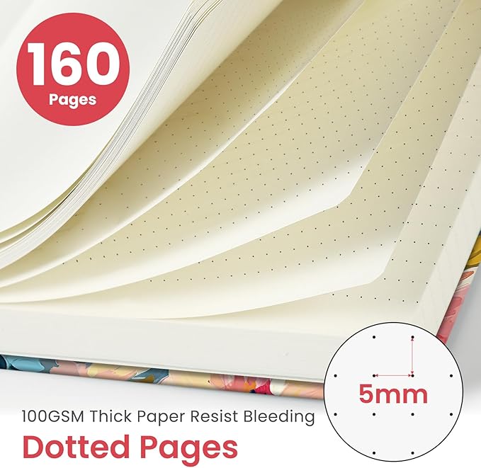 Taja Pretty Dotted Journal for Women, Aesthetic Cute Hardcover Leather Journal for Writing, A5 Journaling Notebook for Work & Sketch, Perfect for Office School Home, 160 Pages, Pastel Garden