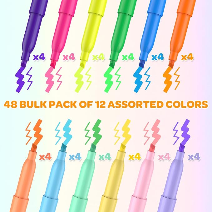 48 Count Highlighters Bulk - 12 Assorted Fashion Colors, Chisel Tip, No Bleed & Quick Dry, Ideal for Note Taking, Studying, School, Office, Student & Teacher Supplies