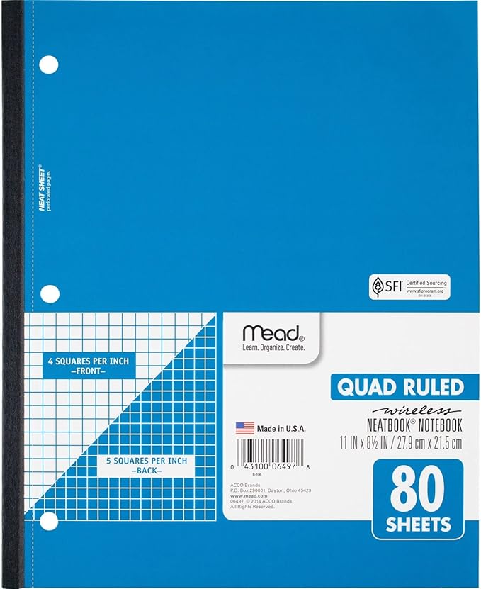 Mead Notebook, Wireless, 1 Subject, Quad Ruled, 8-1/2" x 11", 80 Sheets, Neatbook, Assorted Colors, Color Will Vary (06497)