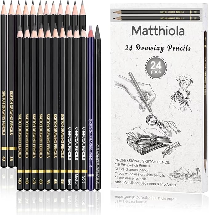 Sketching Pencil Set - 24 Pieces Drawing Sketch Pencil HB,B,2B,3B,4B,5B,6B,7B,8B,10B,12B,14B,H,2H,3H,4H,5H,6H,7H, Includes Charcoal, Eraser, Graphite Pencils for Beginners & Pro Artists