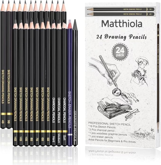 Sketching Pencil Set - 24 Pieces Drawing Sketch Pencil HB,B,2B,3B,4B,5B,6B,7B,8B,10B,12B,14B,H,2H,3H,4H,5H,6H,7H, Includes Charcoal, Eraser, Graphite Pencils for Beginners & Pro Artists