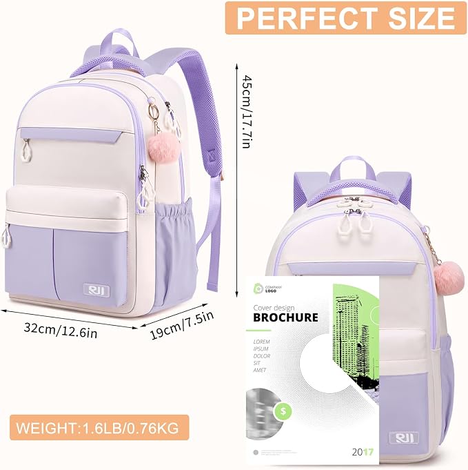 School Backpack for Teen Girls & Women, Lightweight Waterproof 15.6 Inch Laptop Backpack, High School College Travel Bookbag with Ergonomic Design, Light Purple