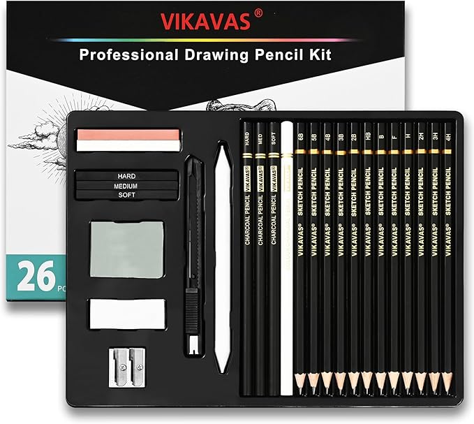 Professional Sketch Pencil Set – 26 PCS Complete Drawing Kit for Artists Graphite, Charcoal, Pastel, Erasers & Tools for Sketching, Shading & Detailing