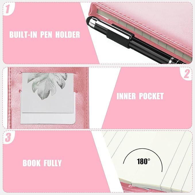 Outus 10 Pcs Mini Pocket Notepad Holder Set Included Small Leather Pocket Notebook Holder with 50 Lined Sheets, Metal Pen, 8 Pcs 3 x 5 Inch Memo Book Refills, 30 Lined Paper Per Note Pad (Pink)
