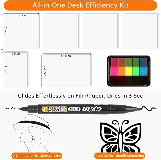 Transparent Sticky Notes with Index Tabs + Marker Pen, MEIGAONE Waterproof PET Clear Sticky Note Sets, Strong Adhesion, 8 Pack Translucent Sticky Note for Study, Book,Office,School Supplies
