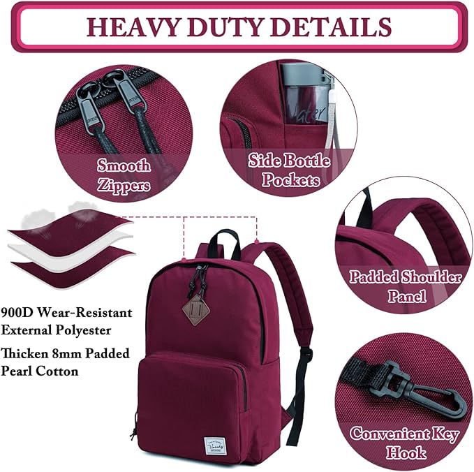VASCHY School Backpack, Ultra Lightweight Backpack for Women Bookbag for Kids Teen Boys Girls Burgundy