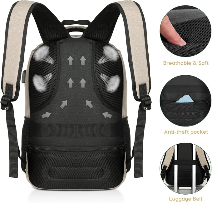 YAMTION School Backpack with USB Charging Port for Laptop College Travel Work Office Teens Beige Beige 15.6 Inches