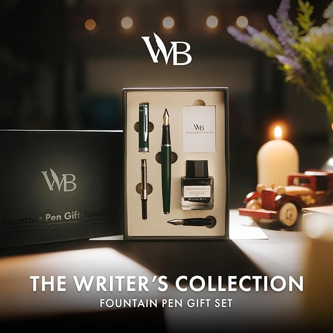 Wordsworth & Black Fountain Pen Set,18K Gilded Medium and Extra Fine Nib,25ML Black Ink Bottle,6 Ink Cartridges,Refill Converter,Gift Box,Smooth Writing Pens [Green Chrome],Gift Set for Men and Women