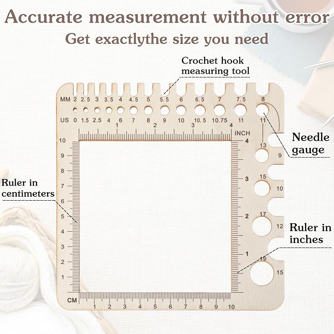 Wooden Knitting Crochet Gauge Ruler, Premium Pine Needle Sizer Stitch Counter Spinner Yarn Measure Tool with Circular Ruler & Rectangle Sizer for Crafting Projects (15cm/5.91in)