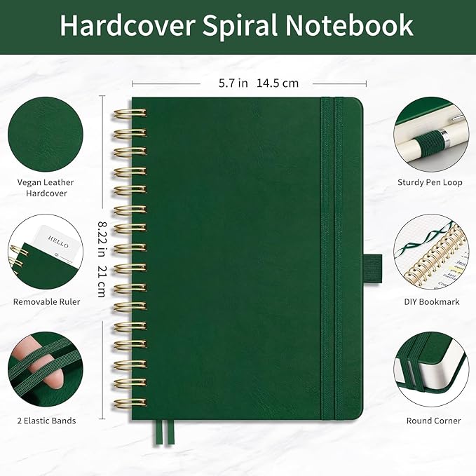 EMSHOI Spiral Graph Notebook, 300 Pages, A5 Small 5.7"x8.22", 100 GSM Thick Paper, PU Leather Hardcover, 5mm Grid Journal for Work School Math Engineering Writing Graphing, Dark Green