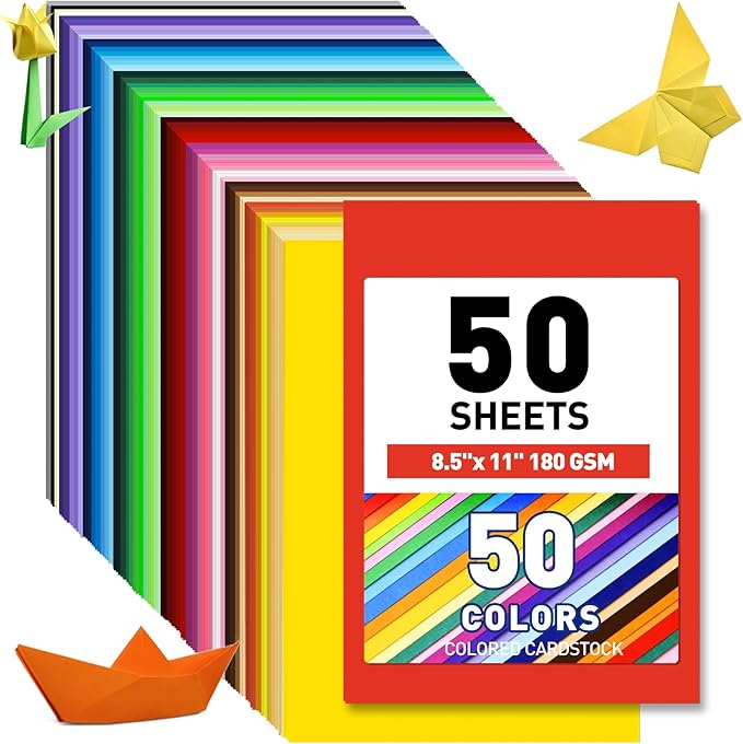 MAXECHO 8.5" x 11" Colored Cardstock 50 Assorted Sheets in 50 Colors, 180 GSM (65 lb) Bulk Construction Paper, Printer Friendly Card Stock for Printing & Making, DIY Crafts, Cricut, School Supplies