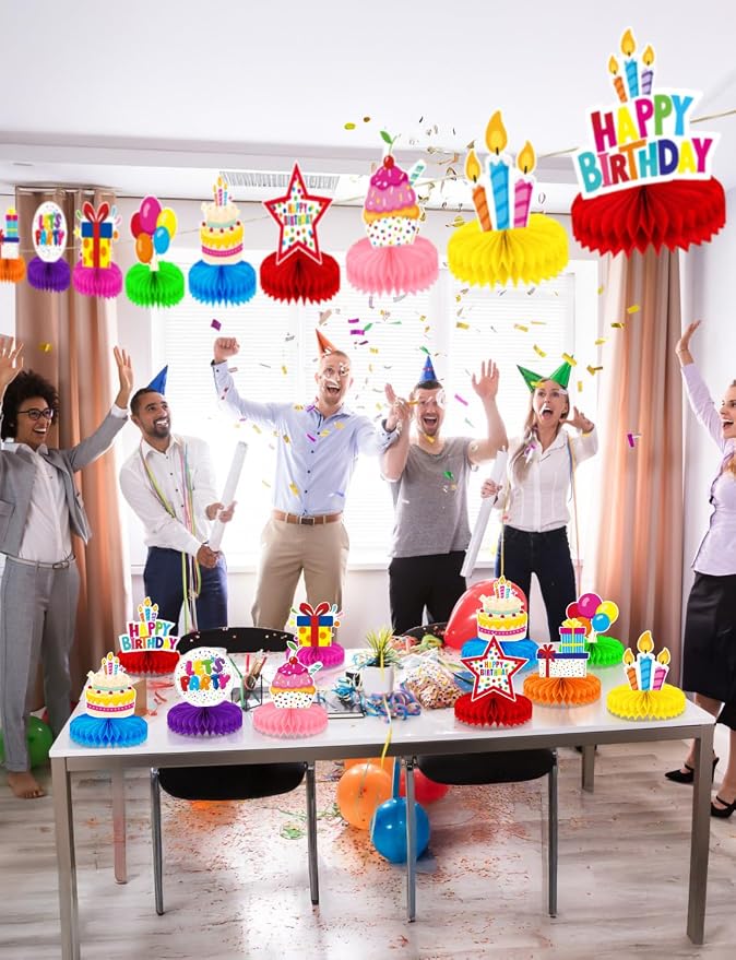 Birthday Table Decorations - 9 Pcs Colorful Happy Birthday Centerpieces for Tables Rainbow Honeycomb Centerpieces Table Toppers for Girls Boys Men Women Birth Date Party Supplies, Photo Booth Props