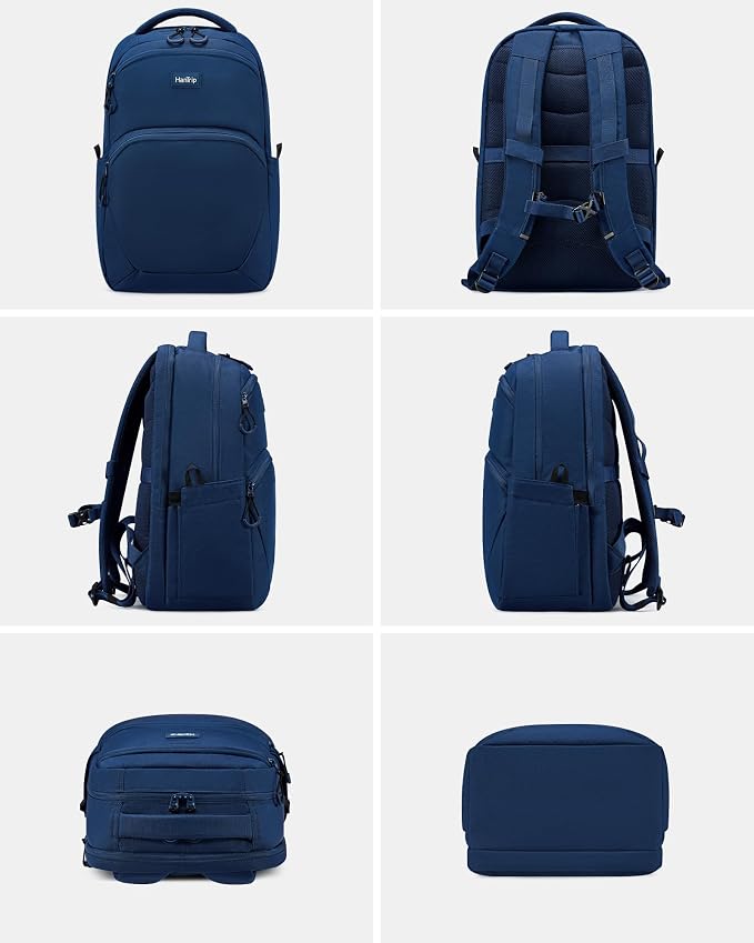 HanTrip 18 Inch Carry on Travel Backpack with Lots of Pockets, Navy Blue | 17 Inch Laptop Sleeve, Luggage Sleeve, Water Bottle Pocket, 30 Liter, Chest Strap, Water Resistant, 18x14x8 Medium Bookbag