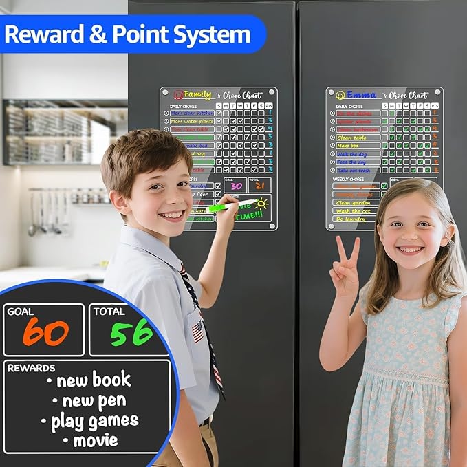 PigPotParty Acrylic Magnetic Chore Chart for Kids, 2 Pack 12 x 9.5 Inch Reward Chart for Multiple Kids and Teens, Dry Erase Chore Board for Fridge, Embedded Magnets, 8 Wet Erase Markers and 1 Towel