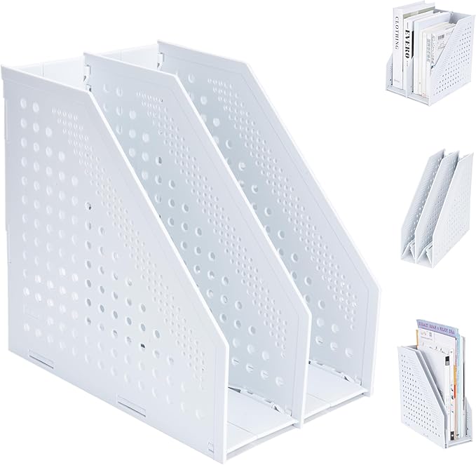 FRETONBA Collapsible Magazine File Holder with 2 Vertical Compartments Foldable Binder Holder for Desk Binder Storage Organizer Plastic Magazine Holders for Shelf, Light Gray