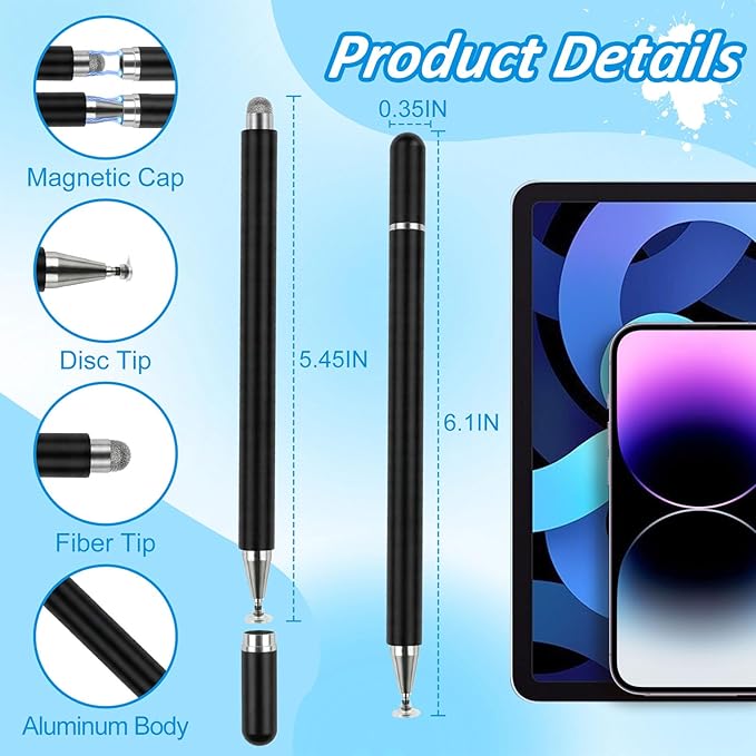 Stylus Pens for Touch Screens, 2 in 1 Magnetic Disc & Fiber Tip Stylus Pen for iPad with Magnetic Cap, Compatible with All Touch Screens - Free Replacement Disc Tips, Black