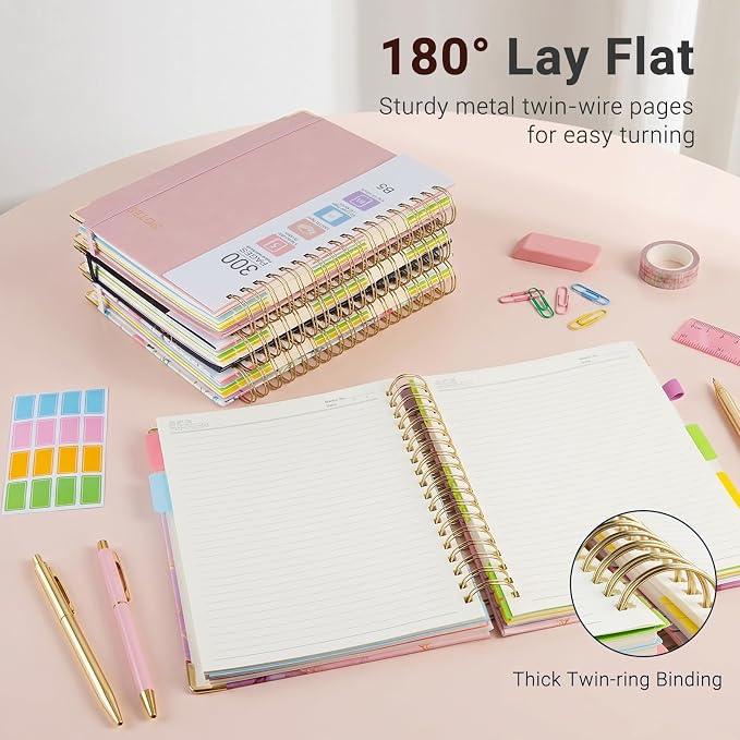 Hardcover Spiral Journal Notebook, 300 Pages 5 Subject Notebook College Ruled with Removable Dividers Tabs, 8" x 10" Notebooks for Work, Spiral Ruled Lined Writing Journal Hardcover Leather Notebook for School (Brown, 8''x 10'')