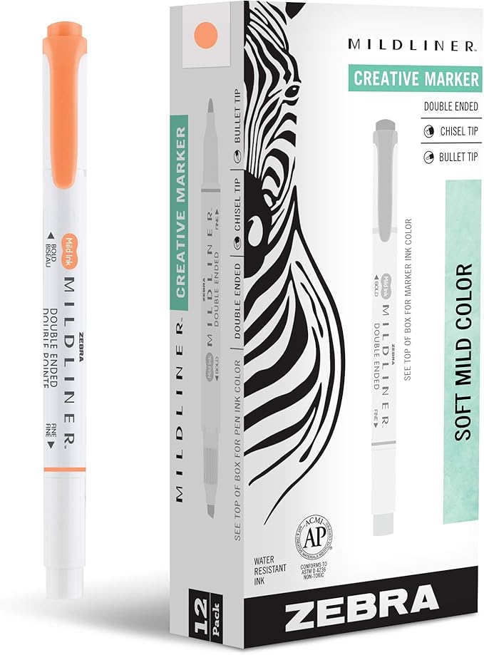 Zebra Pen Mildliner Dual-Tip Highlighters, Broad and Fine Tips, Ideal for Bible Highlighting, No Bleed, School Supplies, Teacher Supplies, and Office Supplies, Mild Apricot Ink, 12-Pack (78590upc)