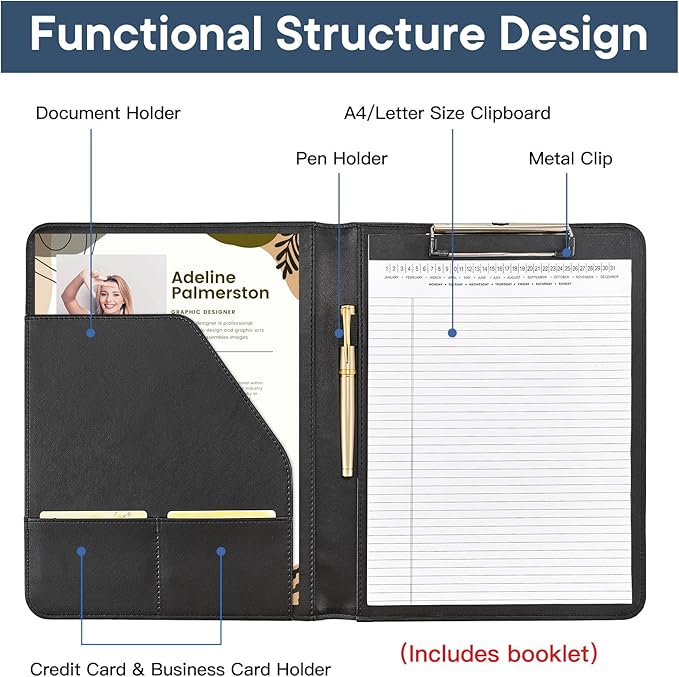 OOWOLF Padfolio with Clipboard Portfolio Binder for Resume, Legal Document, Business Office Conference, Legal Pad Portfolio Folder for A4 Letter Size Notepad, 8.5 x 11 2-Pack, with 1 Ruled Notebook