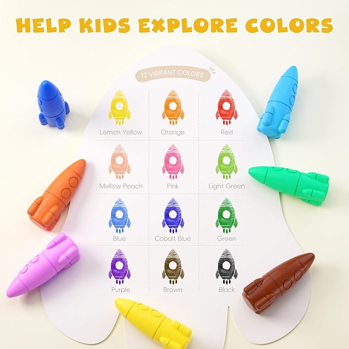 JUPITEARTH 12 Colors Crayons for Toddlers, Non-Toxic Washable Rocket Crayons, Easy-to-Hold Coloring Gifts & Mess-Free Art Supplies for Little Hands