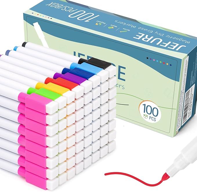 100 Pcs Colorful Magnetic Dry Erase Markers with Eraser Cap, White Board Mini Dry Eraser Markers Bulk, Fine Point Tip White Board Marker for Teachers Office School Supplies