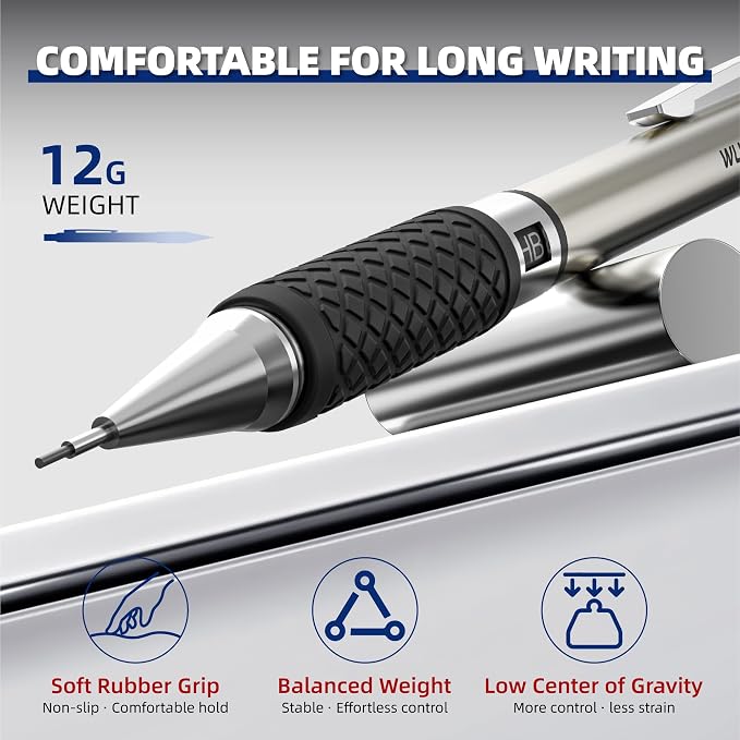 WUO 0.5 mm Mechanical Pencil Set with Eraser Pen Storage Case, 6 PCS | Metal Drafting Pencils, 360 HB Lead Refills, 3x4B Erasers, 12 Eraser Refills for School Artist Writing Drawing Sketching