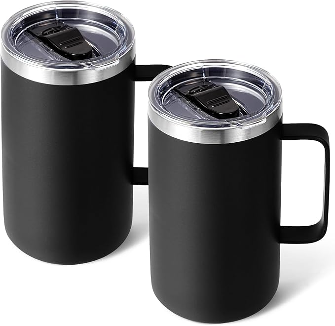 Volhoply 22oz Insulated Stainless Steel Coffee Mugs with Leakproof Lid Bulk 2 Pack,Double Wall Vacuum Travel Coffee Cup with Handle,Reusable Metal Tumbler,Camping Mug Keep Hot&Cold(Black,2)