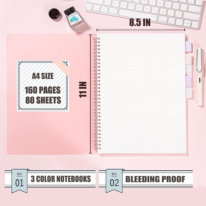 OWSC 3 Pack Graph Notebook, 8.5 x 11 Inches Spiral Notebooks for Work, School and Journal with 110 GSM Graph Paper, Large Notebook with 80 Sheets/160 Pages, Hardcover Grid Paper Notebook