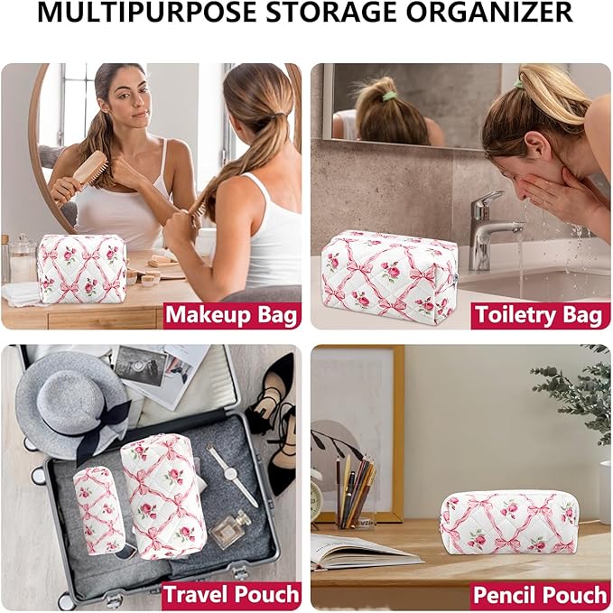 URSKYTOUS 2Pcs Cotton Quilted Makeup Bag for Women Girls Coquette Cosmetic Bag Cute Zipper Pink Bow Pencil Pouch Aesthetic Portable Travel Toiletry Bag Trendy Essentials Skincare Makeup Brush Pouch