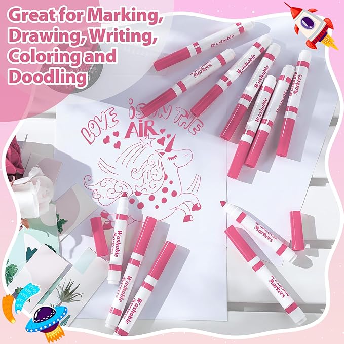 24 Pcs Washable Markers Bulk Broad Line Markers Coloring Conical Tip Large pens for Kids art projects, Teachers, Students, Toddlers, Party Favors, Classrooms, Donations(Light Pink)