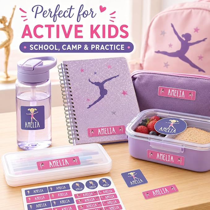 Andaz Press Custom Personalized Waterproof School Name Labels, Gymnastics, 120-Pack, Kids Labels Combo Pack, Customizable Multi-Use Name Stickers for Preschool, Daycare, Supplies, Office, Camping