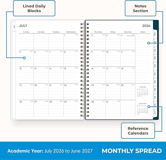 Blue Sky 2026-2027 Weekly and Monthly Academic Year Planner Calendar, July 2026 - June 2027, 5.875" x 8.625", Flexible Cover, Wirebound, Laminated Tabs, Includes Extra 30 Sheets of Notes, Greta