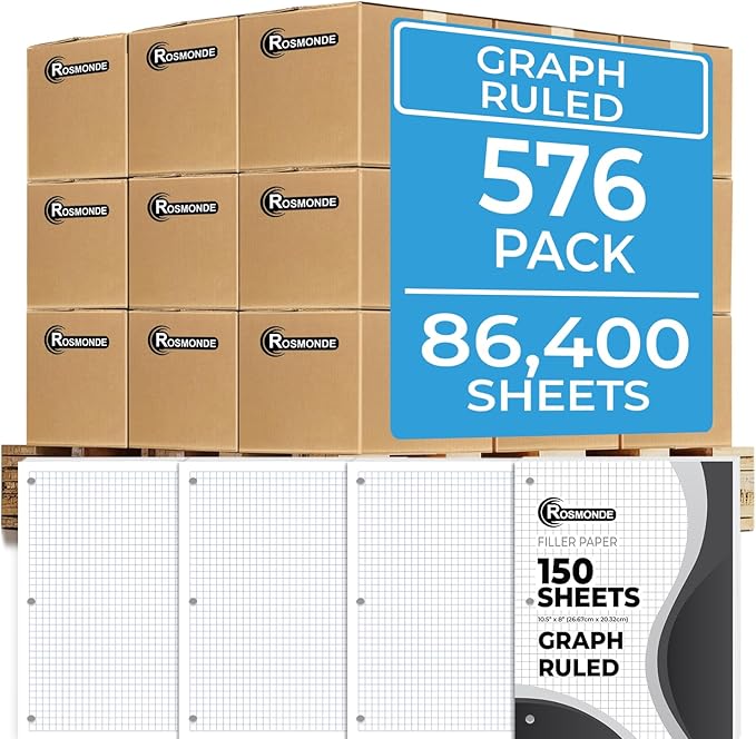 Rosmonde Graph Paper Bulk, 576 Pack(Pallet), 86400 Sheets, 4x4, Pallet of Loose Leaf Paper, 8" x 10.5", Bulk Graphing Paper, 3 Hole Punched for Binders, Grid Paper, Quad Ruled Papers, 4-7 Days Transit