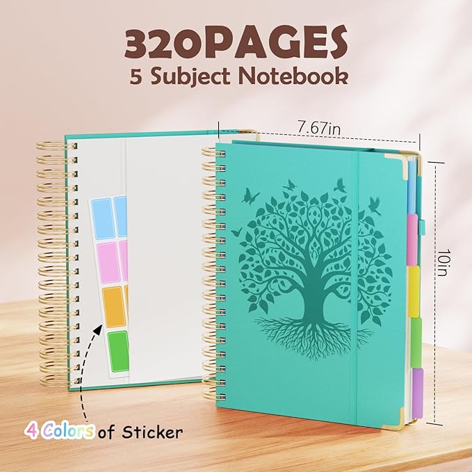 QIYVLOS Hardcover Spiral Notebook, B5 Journal with Removable Dividers Tabs, 5 Subject Notebook College Ruled, 320 Pages 8"x10" Leather Notebooks for Work School Study, Lined Journal for Women, Cyan
