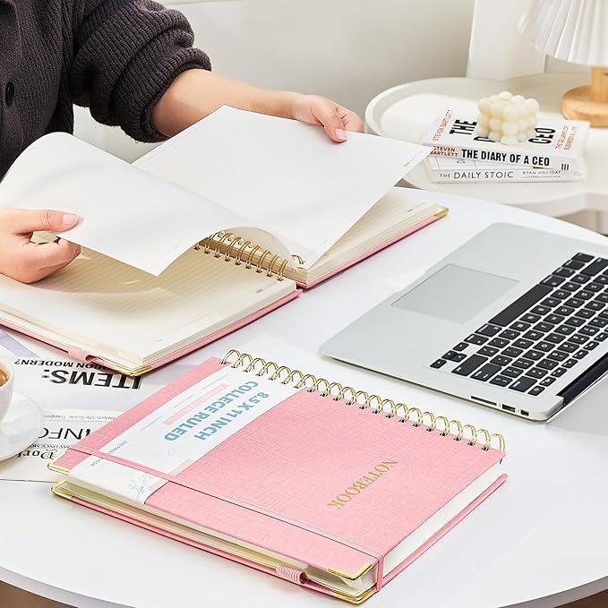 Aeshetic Hardcover Spiral Notebooks for Work with Removable Dividers & Tabs 8.5" X 11" Note Taking 5 Subject Notebook College Ruled A4 Linen Spiral Notebook for School Cute Journals for Women Writing