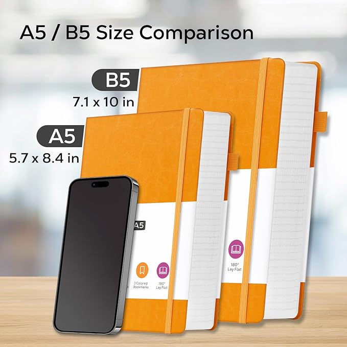 FOCUS DAY Leather Lined Notebook Journal, 320 Pages Hardcover Notebook Journals for Writing Note Taking Women & Men, B5 (7.1'' X 10'') College Ruled Daily Notebook Journal, Orange