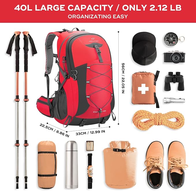 Maelstrom 40L Hiking Backpack, Lightweight Camping Daypack with Rain Cover | Water-Resistant Rip-Stop Nylon, Wet/Dry Separation, Multi-Pockets, Survival Whistle. Ideal For Men, Women, Travel, Trekking