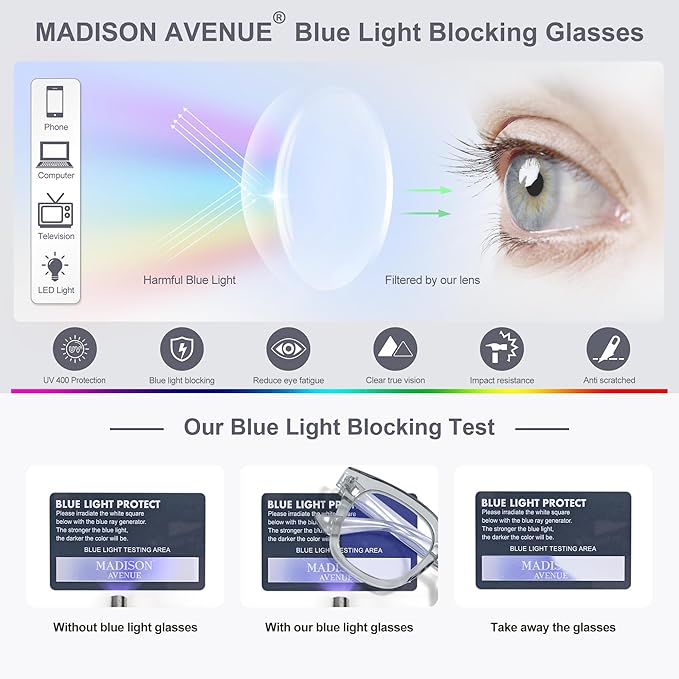 Madison Avenue Oversized Blue Light Blocking Glasses for Women Fashion Blue Light Blockers Anti Eyestrain & UV Protection Computer Eyeglasses (Ttransparent Grey)