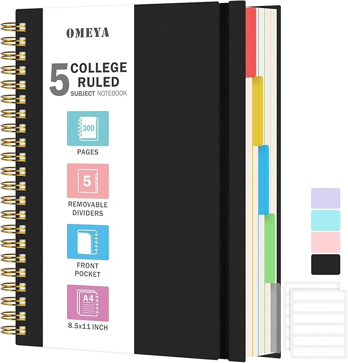 Spiral Notebook 8.5" x 11", 5 Subject Notebooks College Ruled with Removable Dividers, 300 Pages 100GSM Thick Spiral Writing Journal for Women & Men, Large A4 Lined Journal Notebooks for Work, School
