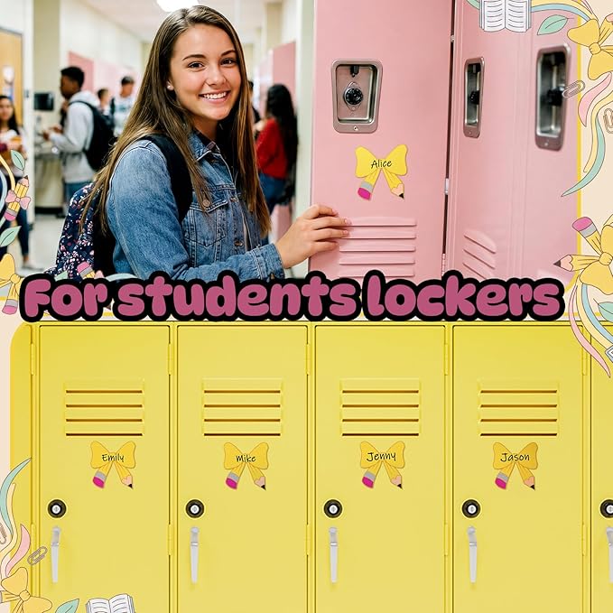 Crtiin 42 Pcs Back to School Bow Magnetic Name Tags Set for Lockers 4 Inch Pencil Design Bow Dry Erase Label Magnetic Reusable Name Tags for First Day of School Whiteboard Classroom Decor Party Supply