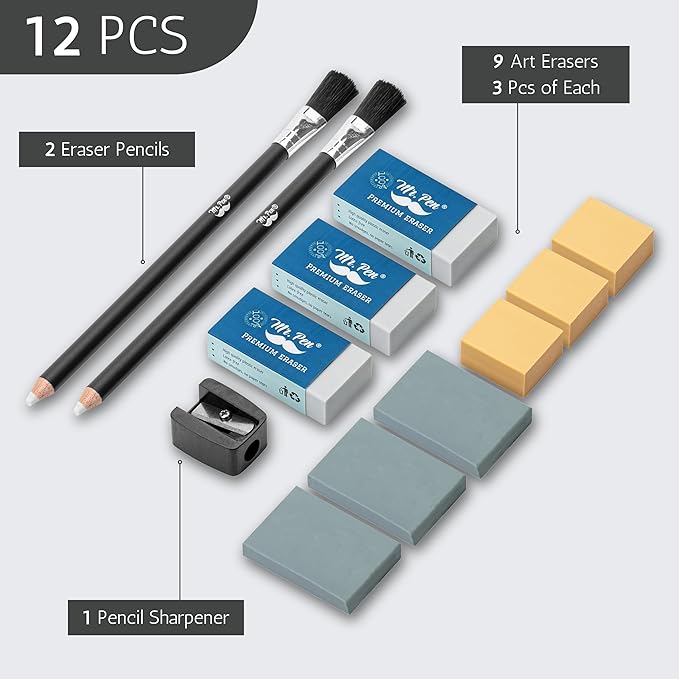 Mr. Pen- Art Eraser Set, 12 pcs, Artist Pencil Erasers, Drawing Supplies Kit, Dual-Ended Eraser Pencils with Cleaning Brush, Kneaded, Soft and Hard Erasers, Sharpener for Sketching, Detailing, Shading