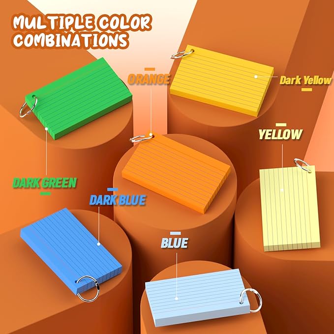 300 Count Colored Index Cards with Ring, 6 Colors Flash Cards with Rings, Punched NoteCards 3x5 Lined, Bright Colors Index Cards 3x5, Lined Note Cards 3 x 5 for Office, College, and School Supplies