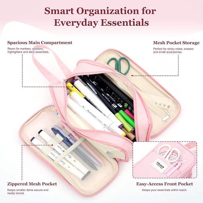 Pencil Case Pouch, Large Capacity Pencil Box Bag, Aesthetic Pen Organizer for School Supplies, Cute Preppy Stuff for Girls Boys Kids, Back to College Stationery, Pink