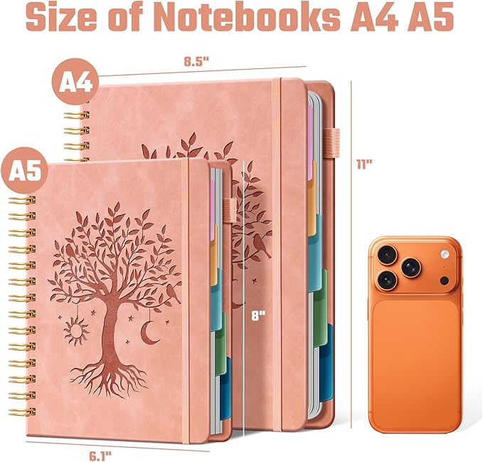 Ovesmusl Hardcover Spiral Notebook 6.1" x 8.4" with 5 Removable Dividers 300 Pages Leather 5 Subject Notebook College Ruled 100GSM Large Spiral Notebooks for Work Thick Lined Journal for Women, Pink