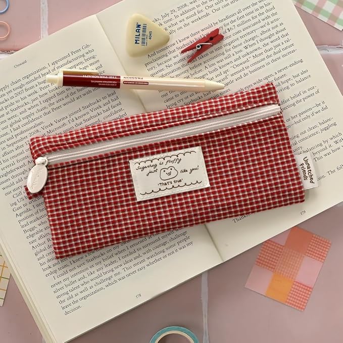 Monolike_Fabric/Cushion Pencil case (Unmatched Friends Fabric Check Pencil Case Series. 2, Vintage red)