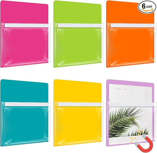 Fuutreo 6 Pack Magnetic File Holder with Clear Pocket and Label Insert 12 x 9.5 Inch Wall File Organizer for Whiteboard Fridge Locker Office Magazine Holder for Paper Mail(Bright Color,Vertical)
